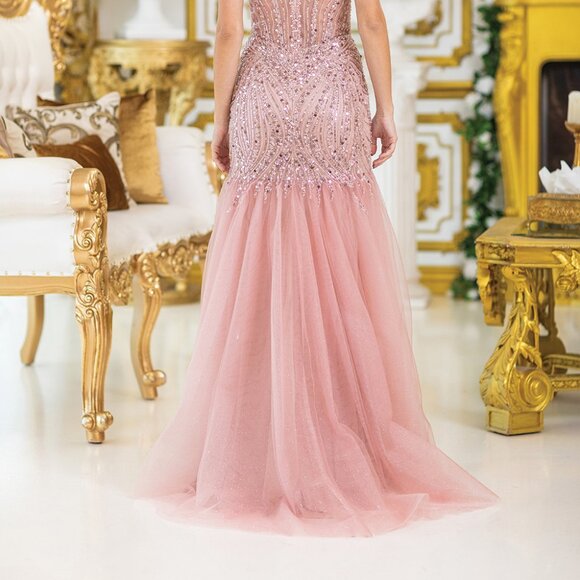 New Strapless Sequins Embellihsed Prom Dress w/ Deep V-Neck & Leg Slit DQ 4468 - Picture 6 of 9
